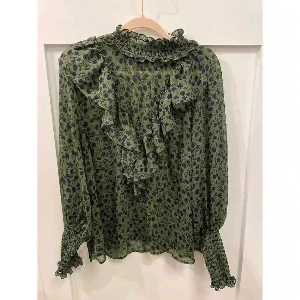 Eloquii Elements Sheer Front Ruffle Floral Print Green Peplum Top, sz 20 - Picture 2 of 6